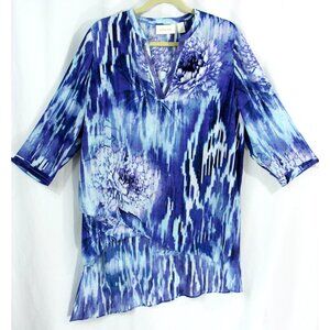 Chicos Abstract Floral Sequin V Neck Asymmetrical Tunic Top L 14